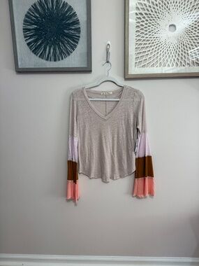 We The Free Taupe V-Neck Long Sleeve with Pink and Brown Colorblock Cuffs